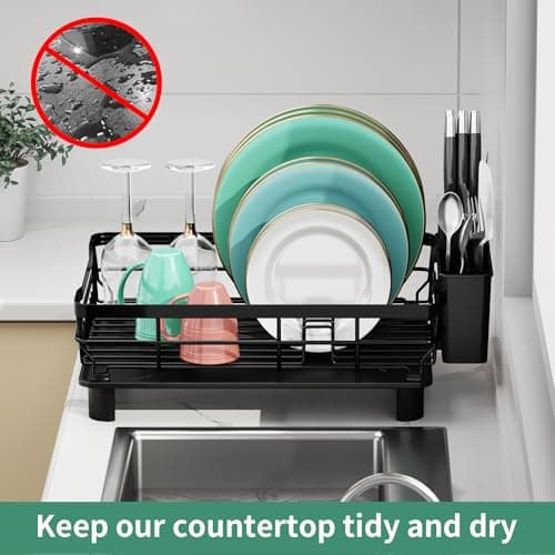 MOUKABAL Dish Drying Rack, Dish Rack, Stainless Steel Dish Racks for Kitchen Counter, Dish Drainer with Removable Utensil Holder, Drainboard (Black,13''W x 17''L) 6