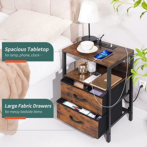 Yoobure Nightstand with Charging Station, Small Night Stand with Fabric Drawers and Storage Shelf for Bedrooms, Small Spaces, Bedside Table with USB Ports & Outlets 6