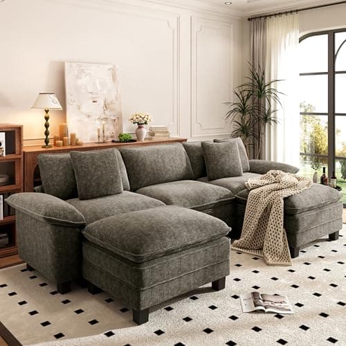PHI VILLA Cloud Modular Couch Sets, 123.6" Sectional Sofa with U-Shaped Chaise, 5-Seater Couches with 2 Movable Ottomans for Living Room, Chenille Fabric, Smoky Grey