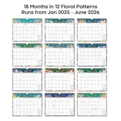 Calendar 2025-2026, Monthly Wall Calendar from January 2025 to June 2026, 11.5" x 14.7", Spiral Binding Hanging Wall Calendar, Perfect for Home or Office, Floral 7