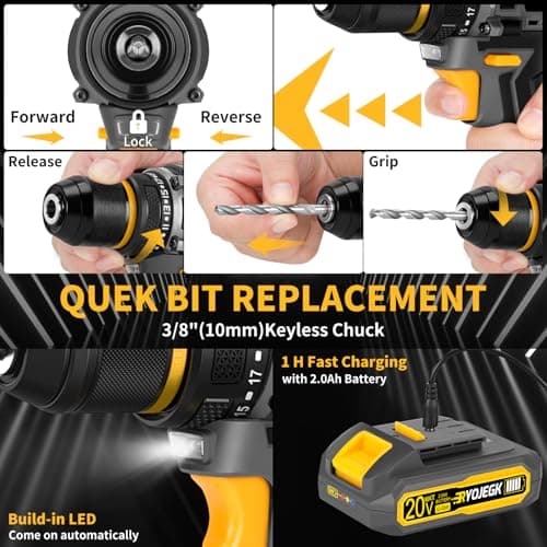 Compact Brushless Power Drill Set,60N.m Cordless Drill Tool Box with 2 Battery & 3/8”Keyless Metal Self-locking Chuck,138Pcs Men Handheld Tool Drills Kit,Taladro Inalámbrico for Home Repair Set 6