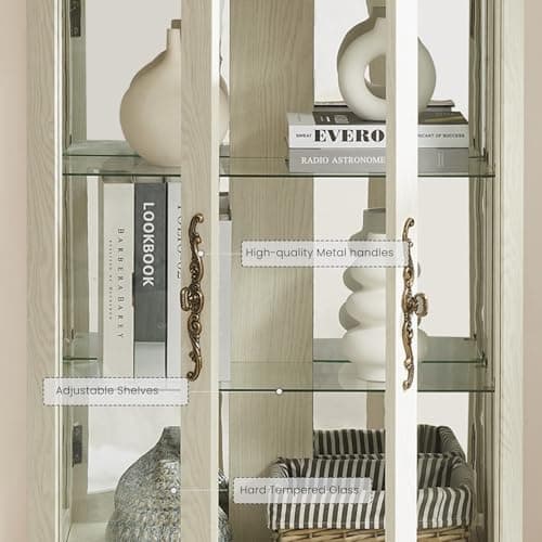 52" Lighted Accent Curio Cabinet, 3-Tier Antique Storage Cabinet with Tempered Glass Adjustable Shelves & Drawer, Acrylic Panel, Light Blub Included, China Display Case for Living Room (Antique White) 7