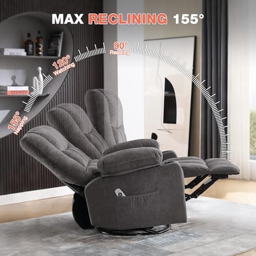 Massage Swivel Recliner Chair with Vibration Massage and Lumbar Heating for Adults,Oversized Rocker Recliner Single Sofa with Side Pocket,Two Cup Holders and USB Charge Port for Living Room 5