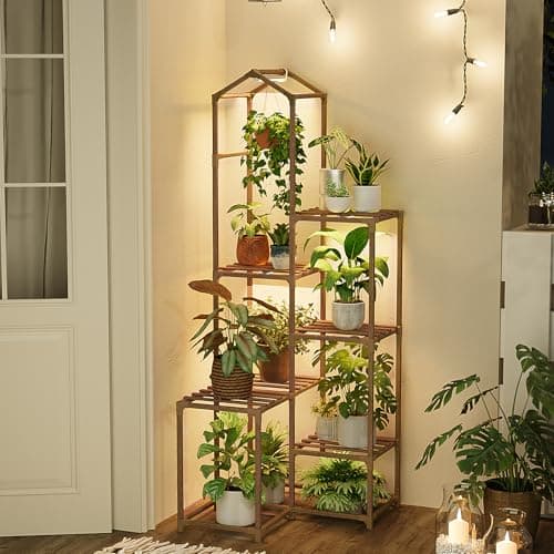 Bamworld Tall Corner Plant Stands with Grow Lights Indoor Outdoor Plant Shelves for Multiple Plants Display Haning Planter Living Room Pation Garden Decor 6