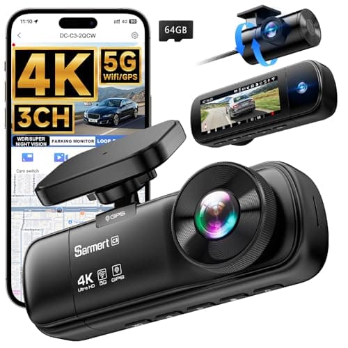 SARMERT 4K 3 Channel Dash Cam, Dash Cam Front and Rear C3, Free 64GB Card, 4K+1080P+1080P Dashcam, G-Sensor, WDR, APP, 5G WiFi, Night Vision, 24H Parking Monitor