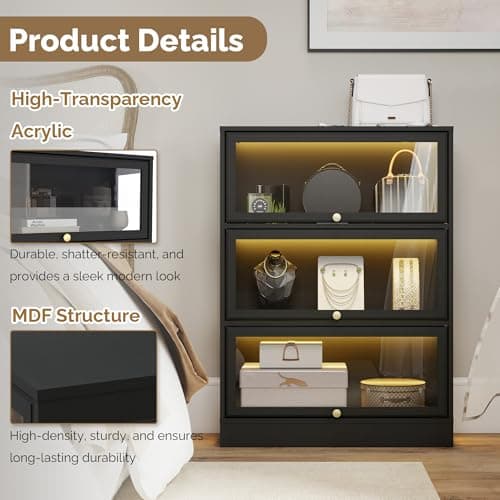 BONITURE Display Cabinet with Acrylic Glass Doors,3-Tiers Curio Cabinet with LED Lighting for Collectibles, Collectibles Toy Organizers Rack & Display Shelf Display Case Storage Cabinet, Black 6
