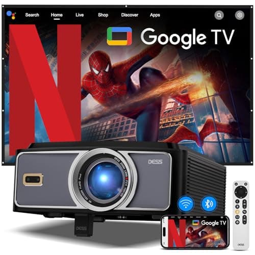 [1500 Brightness] Dess Projector with WiFi 6 and Bluetooth, Home Outdoor Electric Stand Movie Proyector, Auto Focus & Keystone, 1080P Native , High Contrast, Smart Projector with Netflix & Google Tv