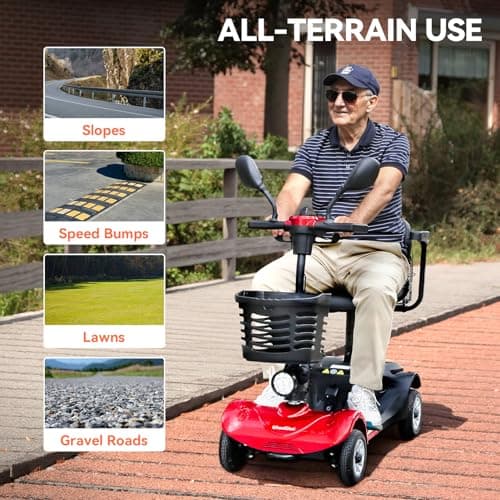 WheelWavi 4 Wheel Compact Mobility Scooter for Seniors and Adults,Foldable Electric Scooter, Heavy Duty Travel Model with Lights, Basket, and Long-Lasting Battery (Red) 7