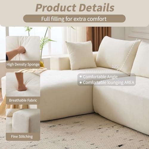 107'' Modular Sectional Sofa, Cloud Sectional Couch with Deep Seat, L-Shape Sofa Couch with Chaise, Convertible Sponge Compression Sofas for Living Room Bedroom, White 8