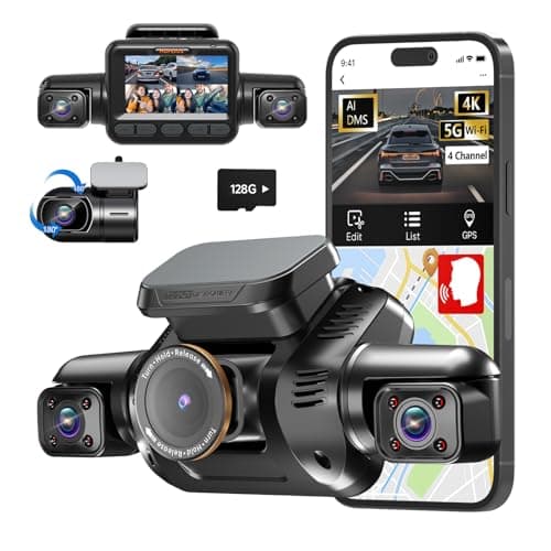AI Dash Cam Front Rear Inside with Driver Monitor System, 360° Car Camera 4K, 4 Channel Camera for Cars Built-in WiFi GPS, Dashcam Free 128GB SD Card, Night Vision, 24H Parking Mode, Upgrade DMS V8Pro