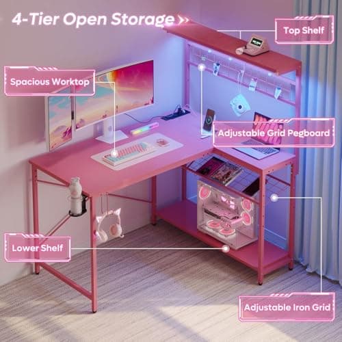 Bestier 42 L Gaming Desk,Computer Desk with Power Outlets, LED Lights, Reversible Corner Desk with 4-Tier Shelves,Cup Holder & Hook Carbon Fiber Pink 5