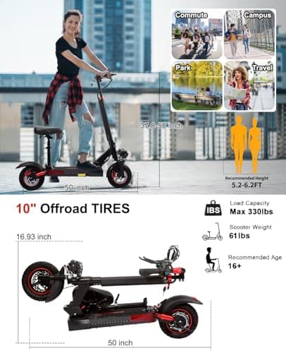 10" Offroad Electric Scooters with Seat,800W Motor 28 Miles Range & 25-28 Mph Fast Electric Scooter for Adults,Height Adjustable,Dual Suspensions Foldable Escooter for Commuting 48V 15AH Battery 7