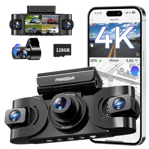 FREEXAR 4K 360° Dash Cam, 4-Channel Dash Camera for Cars, Full Coverage Front Rear Left Right Inside with GPS, 5.8GHz Wi-Fi & App, Night Vision, Voice Control, 24H Parking Mode, 128GB Card Included