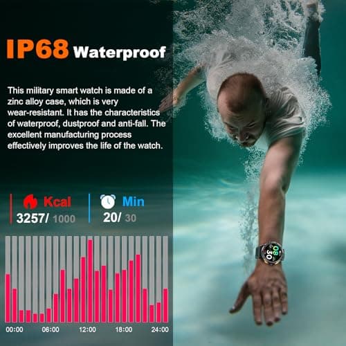 Military Smart Watches Built-in GPS, 170+ Sport Modes for Men with Flashlight, Smartwatch for Android Phones and iPhone, 1.43" AMOLED Screen Bluetooth Call Compass Altimeter (Black & Orange (2 Bands)) 5