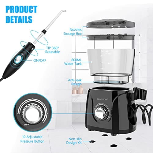 Sawgmore FC166 Water Flosser for Teeth/Braces, 600 ml Large Capacity, 10 Adjustable Pressures, 8 Home Nozzles Oral Irrigator for Teeth Clean(Black) 6