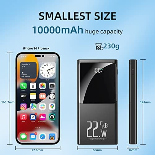 JONKUU Portable Charger 10000mAh, Power Bank 22.5W Fast Charge, Slim Battery Backup with USB C in/Out, LCD Display External Battery Pack for iPhone 16 15 14 13 12, Samsung, Google, Android etc 7