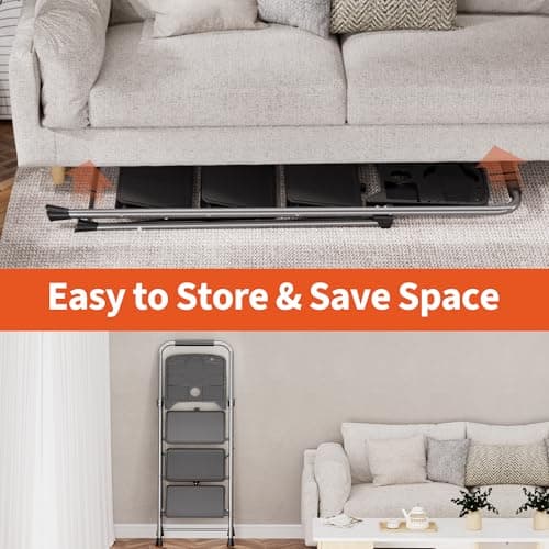 DIAMONDFORGE 3-Step Ladder Folding Step Stool with Tool Platform & Anti-Slip Wide Pedal, Heavy Duty Steel Construction, 600 lbs Capacity for Home & Office, Grey 6