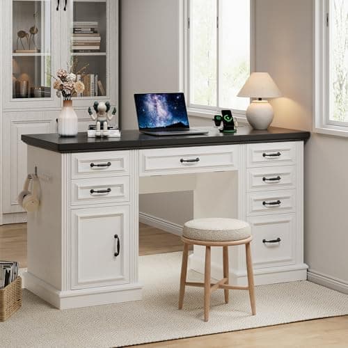 Farmhouse 57" Lift Desktop Executive Desk with 6 Drawers and Charging Station, Wood Home Office Computer Desk with File Cabinet Storage, Keyboard Tray,Headphone hook for Work,Study, Antique White 8