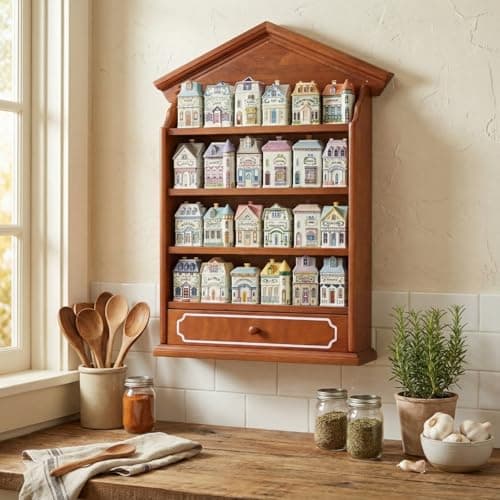 Chunful Vintage Spice Village Wooden Rack 22 x 17 x 4 Inches with 4 Shelves and Drawer for Wall Mounting Kitchen Storage Spice Village Display Shelf for 24 Jars, Shelf Only (Brown, Classic)