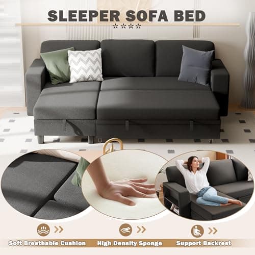 JUMMICO 80″ Sleeper Sofa Bed, L Shaped Sectional Convertible Couch with Storage Chaise, USB Charging Ports & 2 Built-in Bookshelves, Pull Out Couch for Living Room (Fabric, Grey) 6