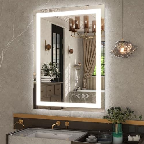 GLSLAND 24"x32" LED Lighted Bathroom Mirror Dimmable Wall Mirrors with Anti-Fog LED Bathroom Mirror 2 Dimmable Light Colors LED Mirror Hangs Horizontally or Vertically