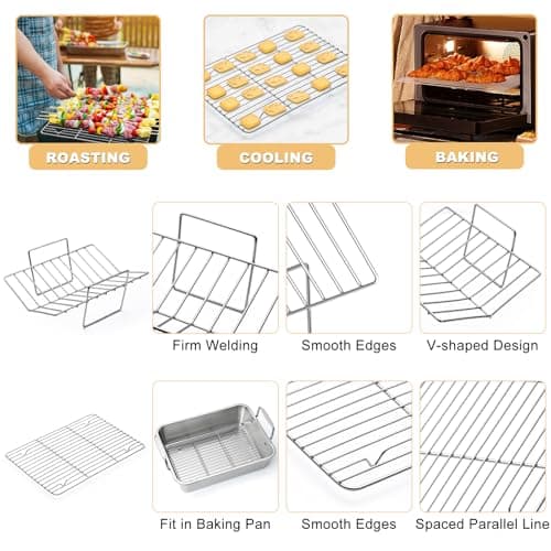 Roasting Pan, 14*10 Inch Stainless Steel Turkey Roaster with Rack - Deep Broiling Pan & V-shaped Rack & Flat Rack, Non-toxic & Heavy Duty, Great for Thanksgiving Christmas Roast Chicken Meat Lasagna 6