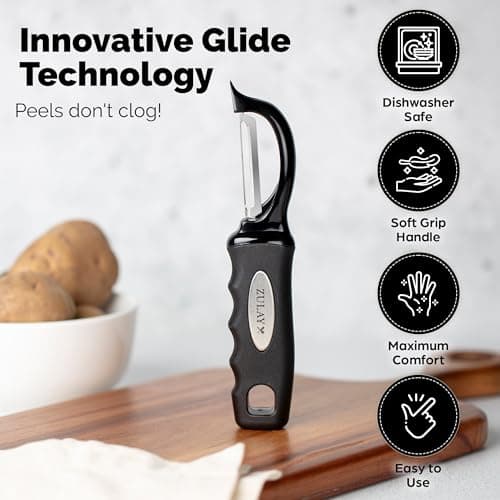 Zulay Kitchen Premium Vegetable Peeler for Kitchen - Swivel Peeler with Razor Sharp Stainless Steel Blades & Strong Ergonomic Handle - Dishwasher Safe, Easy To Use with Blemish Remover - Black 3