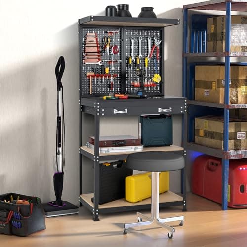 Goplus Workbench, Work Table with Drawer, Pegboard, Hanging Accessories, Topping Space, 4-Tier Heavy Duty Metal Tool Storage Bench, Work Benches for Garage, Workshop (Red, 32" x 16" with Drawer) 7