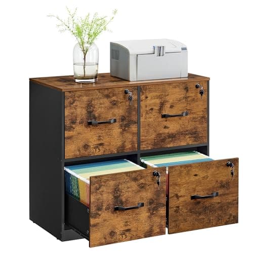 VASAGLE 4 Drawer File Cabinet with Lock, Printer Stand, Office Filing Cabinet Organizer, for A4 and Letter Size Documents, Rustic Brown and Black UOFC062B01