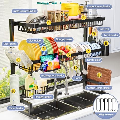 ADBIU Over The Sink Dish Drying Rack (Expandable Height and Length) Snap-On Design 2 Tier Large Dish Rack 31-39.4L x 12W x 34-38H inches 7