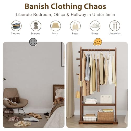 Taitiy Coat Rack Solid Wood Clothes Rack with 2 Shelves & 4 Hooks for Hanging Clothes Garment Wallets Hats, Clothing Rack Heavy Duty Coat Rack Freestanding with Storage Hall Tree for Hallway Bedroom 5