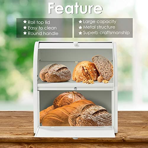 Widousy 2 Layer Metal Bread Boxes, Bread Box Storage Bin Kitchen Container with Roll Top Lid Iron Countertop Containers Metal Food Storage Bread Keeper Large Capacity Home Kitchen Counter, White 5