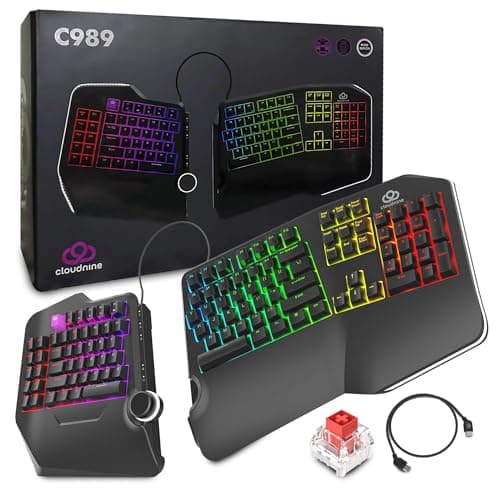 Cloud Nine C989 Ergonomic Mechanical Keyboard for PC - Kailh Linear Red Switches - RGB Light Up LED Backlit with USB - Ergo Split Key Board with Macro