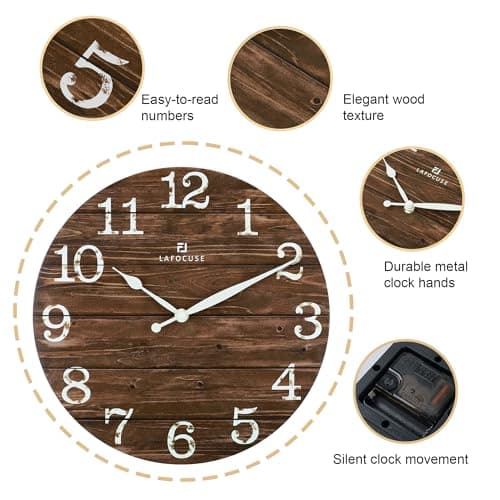 Lafocuse 12 Inch Silent Brown Wall Clocks for Kitchen Living Room Decor, Wooden Rustic Wall Clock Battery Operated, Decorative Farmhouse Clock 6