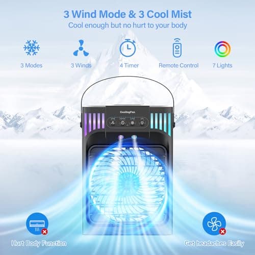 Portable air conditioner,1200 milliliter Cooling fan Air Conditioner with Remote,4 Wind Speed & 7 Led Light,3 Mist&2-8H Timer,Personal Air Conditioner 5