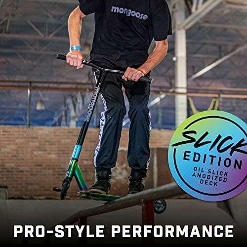 Mongoose Rise 100 Pro Slick Freestyle Stunt Trick Scooter, Lightweight Alloy Deck & Heavy-Duty Frame Up to 220 lbs., Bike-Style Grip, Wheel Pegs Included, Oil Slick 6