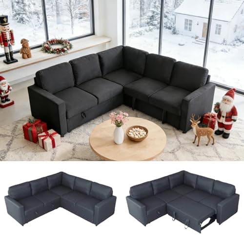 Trygoal Sectional Sleeper Sofa with Pull Out Bed, L Shaped Pull Out Couch with Storage Chaise, 5 Seats Convertible Couch Bed for Apartment, Living Room, Black