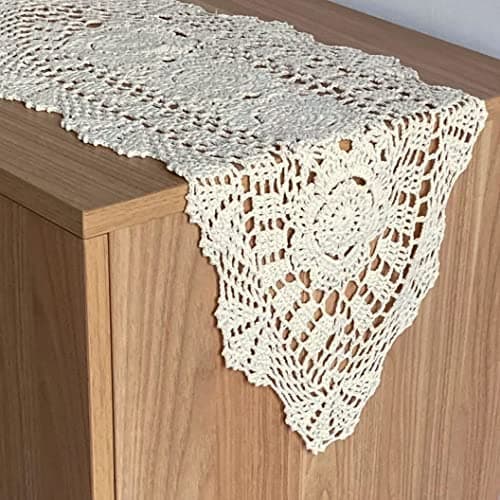 SouthMage Hand Crochet Lace Table Runner Farmhouse Boho Dresser Scarf (12" x 28")