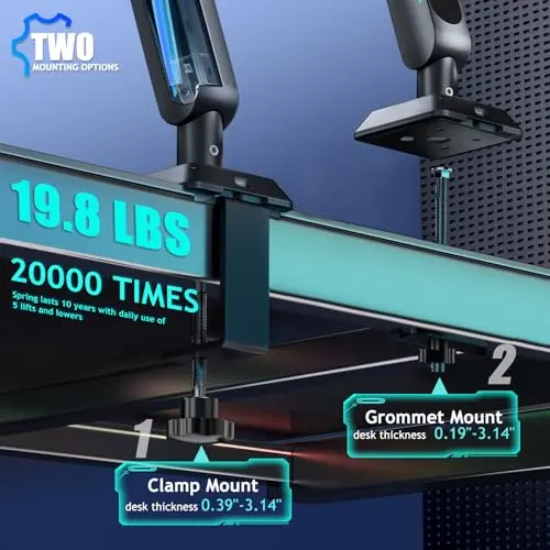 Heavy Duty Single Monitor Mount with RGB Light, Height Adjustable Arm for 17'32' Screens up to 19.8 lbs, VESA Mount with Clamp and Grommet Base, Black 4