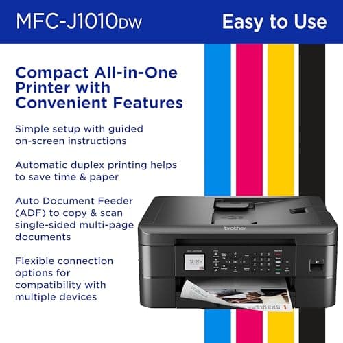 Brother MFC-J1010DW Wireless Color Inkjet All-in-One Printer, Duplex Printing, Mobile & Cloud Print, Compact Design, 1.8" Color Display, Works with Alexa 6