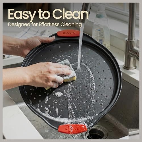 Bakken Pizza Baking Pan - Round Perforated Carbon Steel Pan with Non-Stick Marble Coating, Oversized Silicone Handle, Dishwasher Safe, High-Temperature Resistant, Durable & Easy Cleanup Black, 2 Pack 7