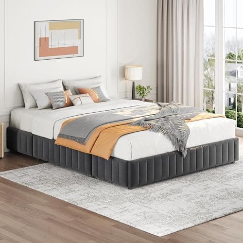 Yaheetech Queen Upholstered Platform Bed with 4 Storage Drawers, No Fixed Headboard, Mattress Foundation with Wood Slat Support, No Box Spring Needed, Noise Free, Dark Grey