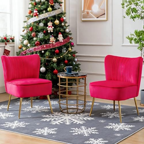 Janoray Velvet Accent Chair Set of 2 Comfy Living Room Chair Armless Slipper Chair Mid Century Side Single Sofa Chair with Golden Legs Wingback for Bedroom Guest Room, Hot Pink 10