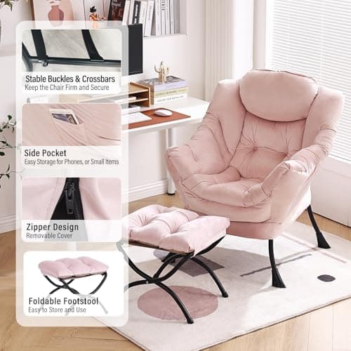 Furlide Lazy Chair with Ottoman, Modern Chair with Folding Footrest, Velvet Pink Accent Chair, Comfortable Reading Chair, Oversized Armchairs for Bedroom, Study, Living Room, Courtyard 6