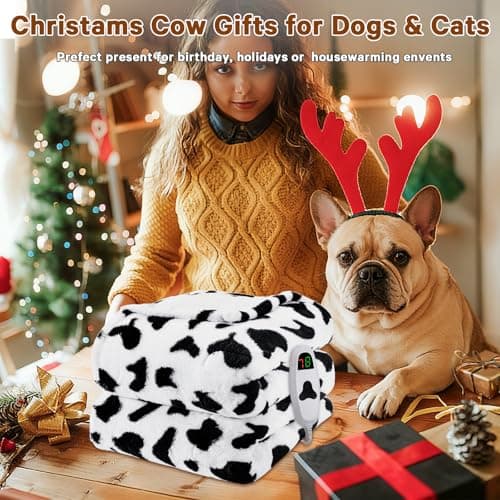 Black Heated Electric Blanket Throw,50X60 Cow Print Heating Blanket with 10 Heats Levels & 8 Hours Auto Off,Cute Cow Decor Stuff Soft Fleece Sherpa Blankets Warmer Gifts for Women Washable 6