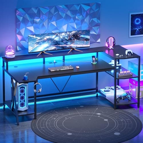 SEDETA Gaming Desk 70.8'' with LED Lights and Storage Shelves, Computer Desk with Monitor Stand, Power Outlets and Cup Holder, Large PC Gamer Desk, Gaming Table for Bedroom, Living Room, Black 10