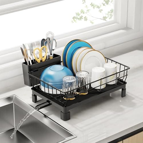 GSlife Small Dish Drying Rack for Kitchen Counter with Drainboard - Compact Dish Drainer for RV, Camper and Apartment, Rust-Resistant Wire Rack with Utensil Holder, 15"L x 10"W, Black 8
