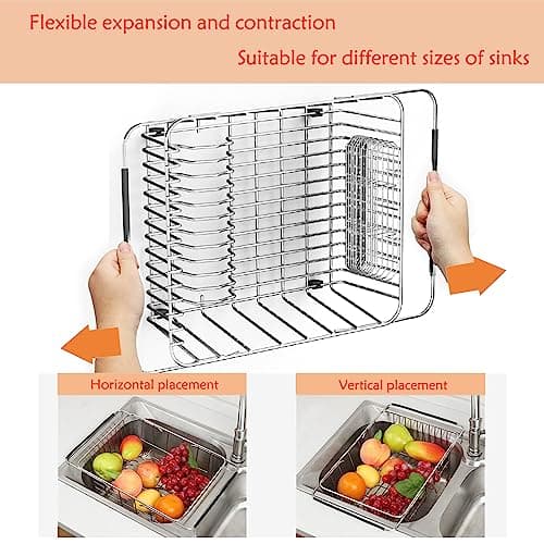 NiuYichee Stainless Steel Dish Drying Rack(15.2"L X 11"W X 5.3"H), Expandable Fruit & Vegetable Drain Rack over Sink, Dish Drainer Rack in Sink, with Stainless Steel Utensil Holder & Silicone Mat(16") 5