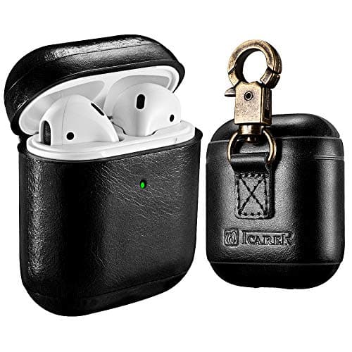 AirPods Leather Case, ICARER Genuine Leather AirPod case with Keychain and Led Light for Apple AirPods 2 Case & Airpods 1, Support Wireless Charging (Black)