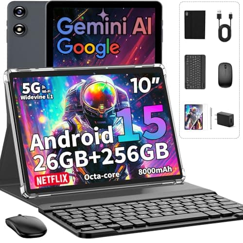 2026 Android 15 Tablet with Keyboard, 26GB+256GB+2TB Expand, 10 Inch Tablet PC with Gemini AI, Octa-Core, 8000mAh, 5G WiFi, Widevine L1, GPS, GMS, 2 in 1 Tablets with Case, Mouse, Stylus (Black Case)